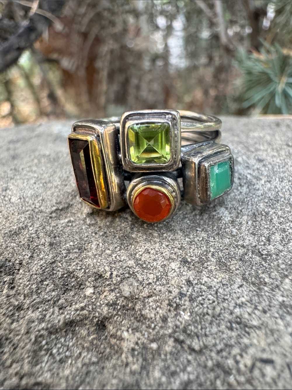 Sterling Silver Multi-Gemstack Ring in Green, Orange, Red, and Teal